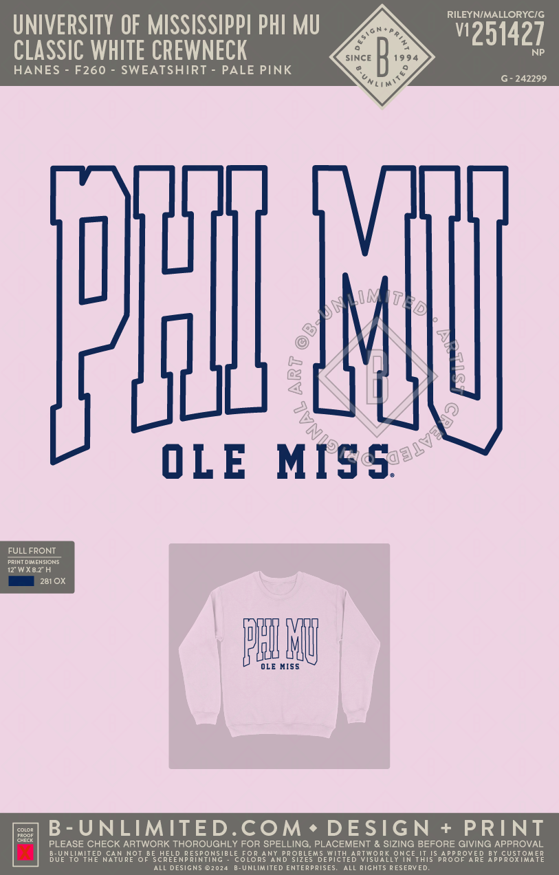 University of Mississippi Phi Mu - Classic Crewneck - Hanes - F260 - Sweatshirt - Pale Pink