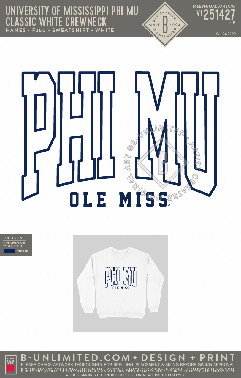 University of Mississippi Phi Mu - Classic Crewneck - Hanes - F260 - Sweatshirt - White