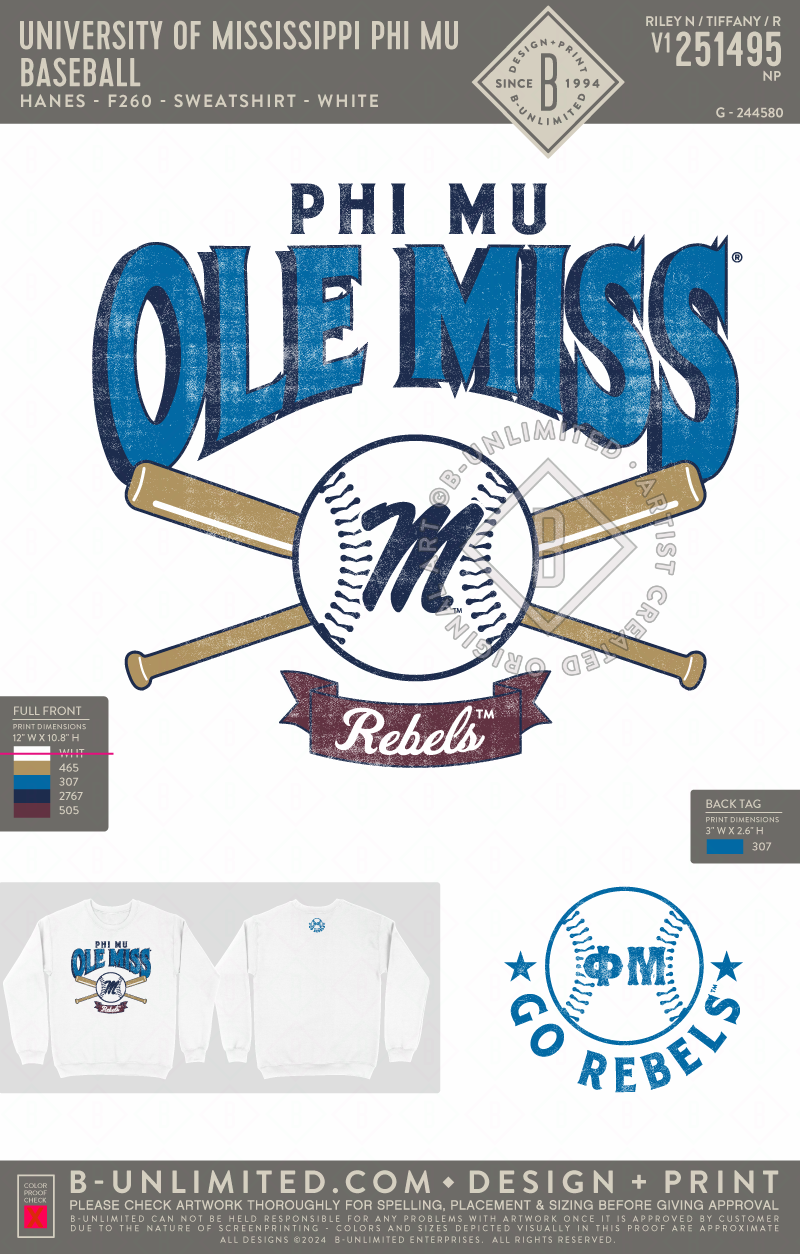 University of Mississippi Phi Mu - Baseball - Hanes - F260 - Sweatshirt - White