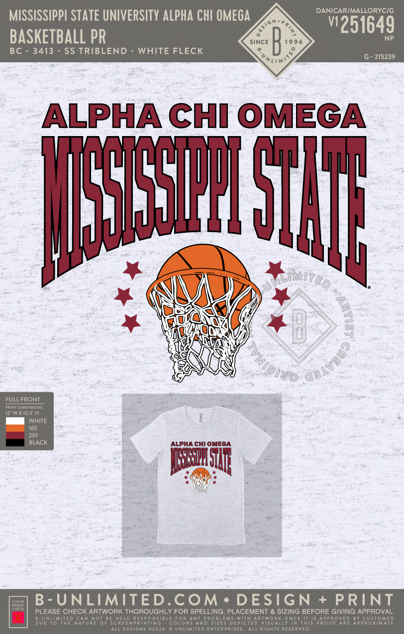 Mississippi State University Alpha Chi Omega - Basketball PR - B+C - 3413 - SS Crew - White Fleck Triblend