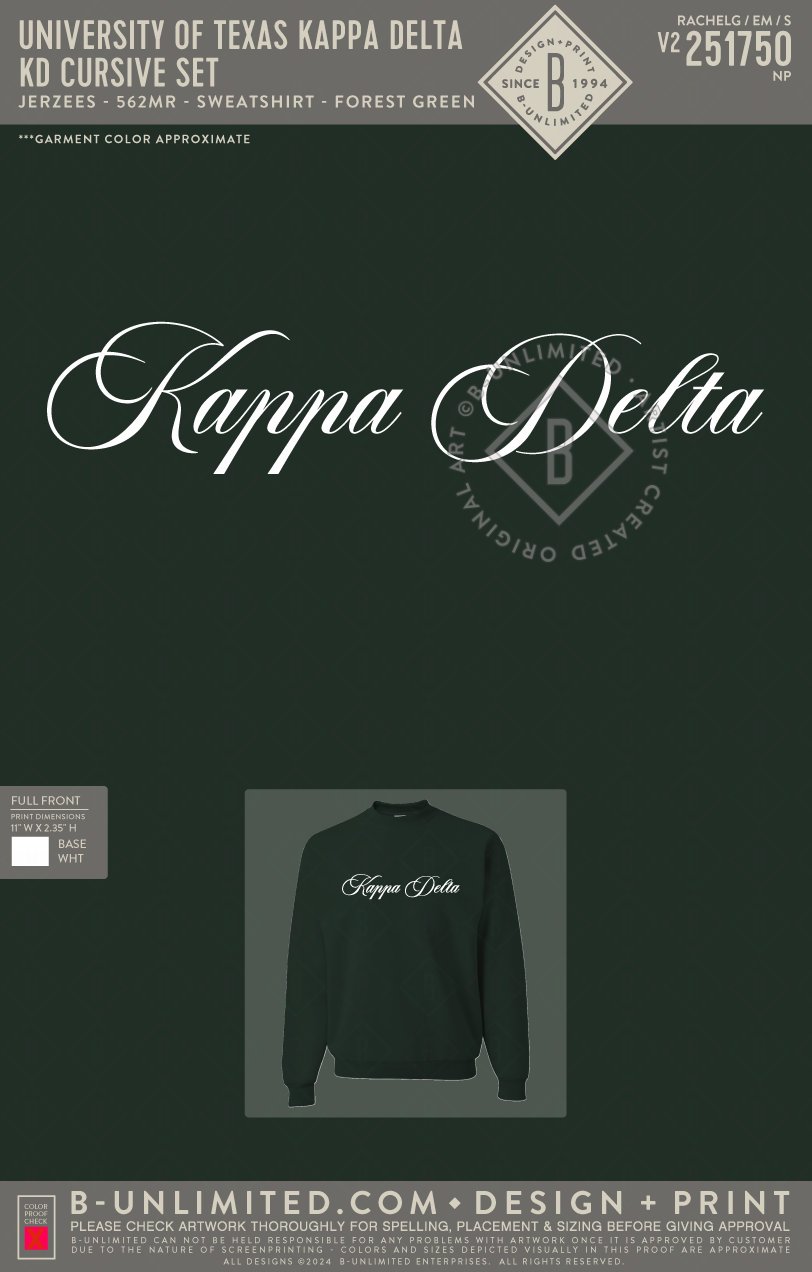 University of Texas Kappa Delta - KD Cursive Set - Jerzees - 562MR - Sweatshirt - Forest Green