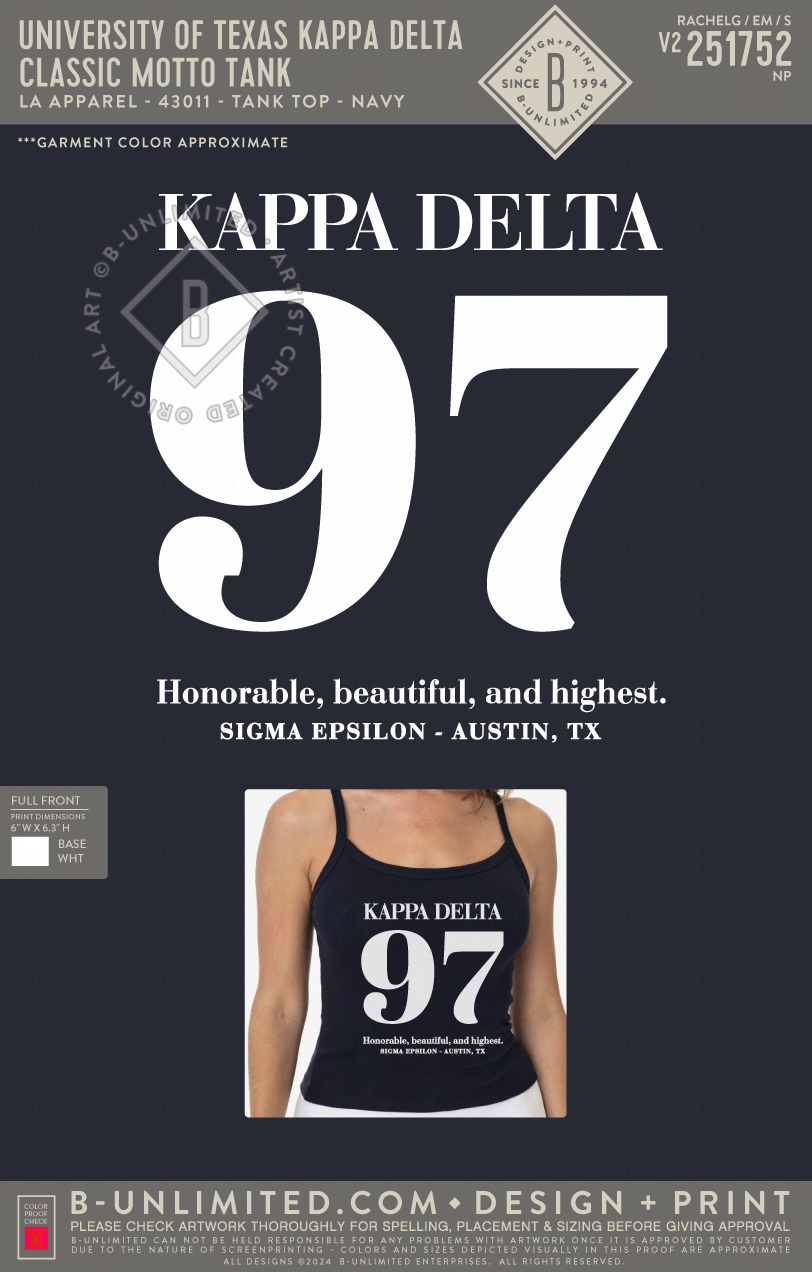 University of Texas Kappa Delta - Classic Motto Tank - LA Apparel - 43011 - Tank Top - Navy