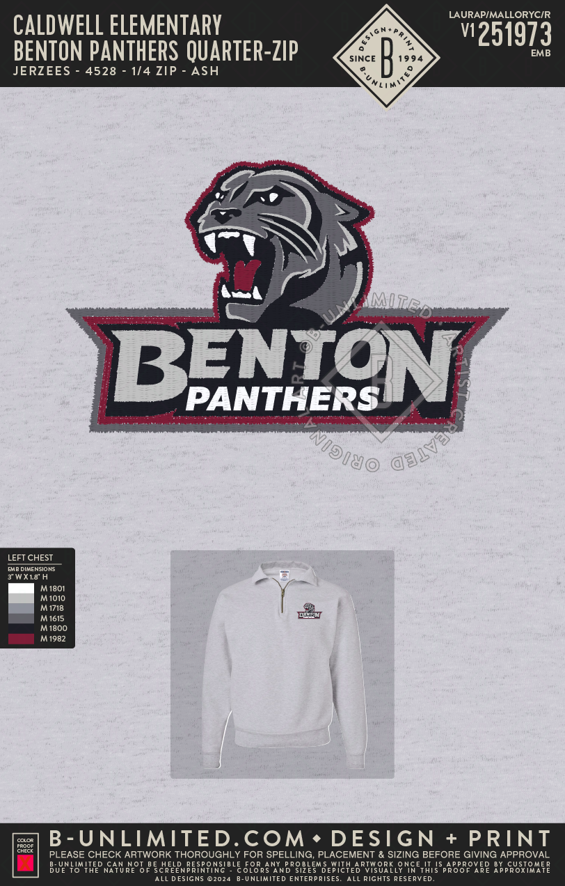 Caldwell Elementary - Benton Panthers Quarter-Zip - Jerzees - 4528 - 1/4 Zip - Ash