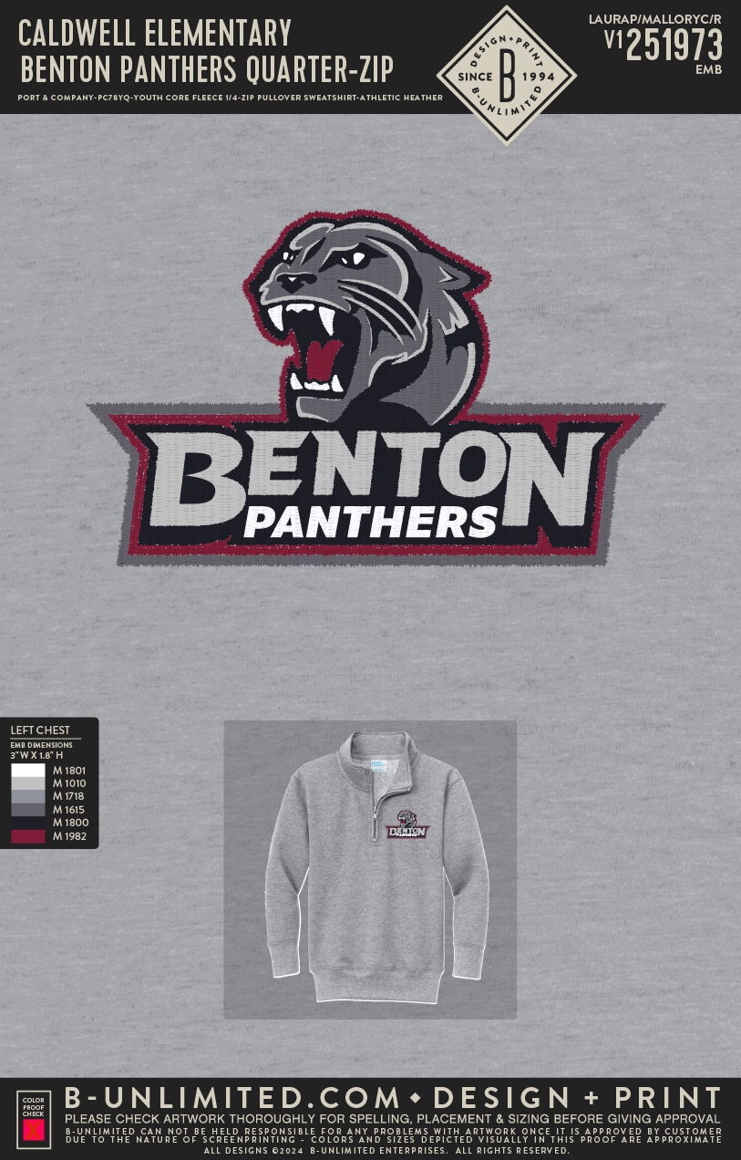 Caldwell Elementary - Benton Panthers Quarter-Zip - Port & Company - PC78YQ - Youth Core Fleece 1/4-Zip Pullover Sweatshirt - Athletic Heather