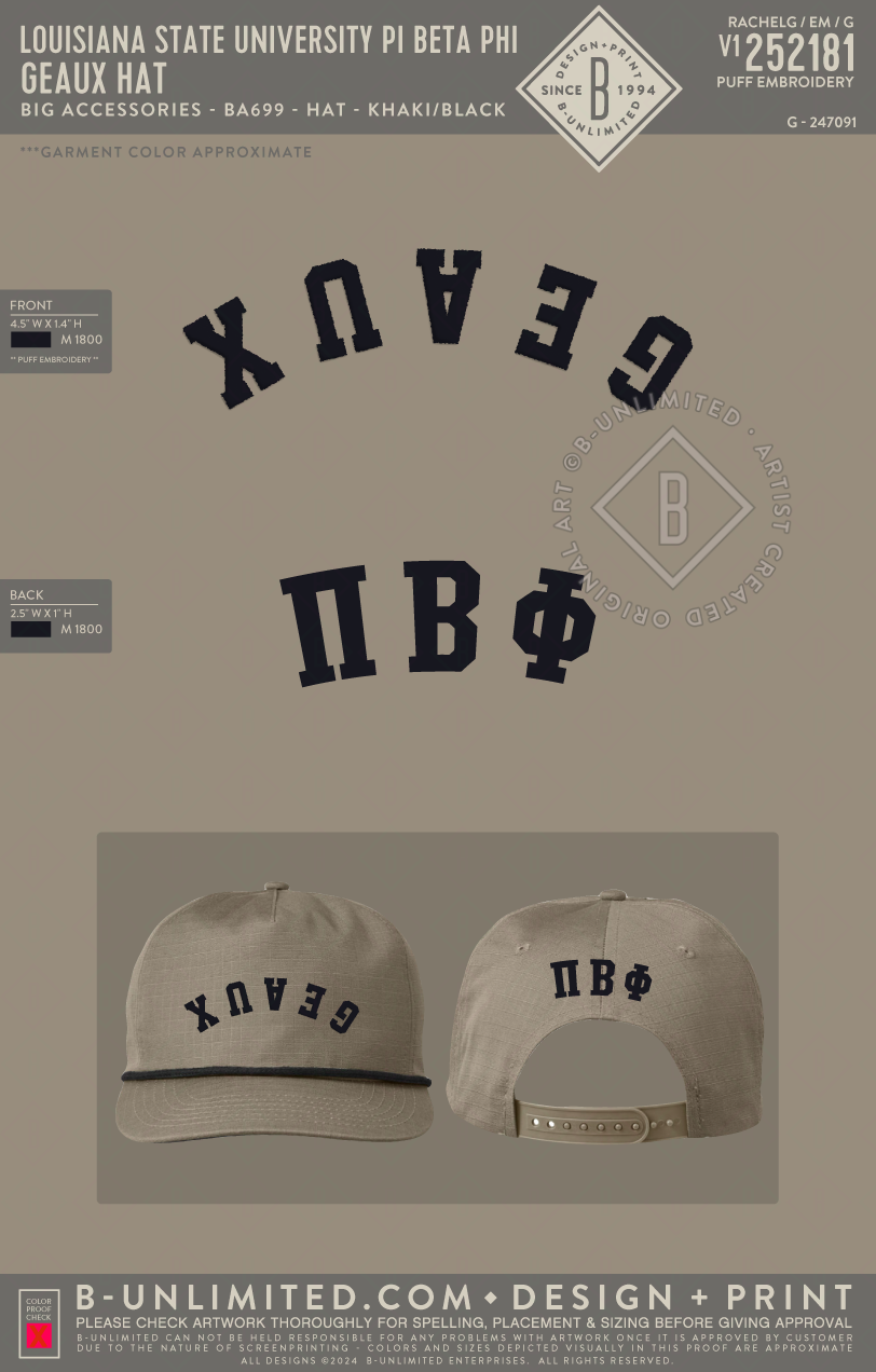 Louisiana State University Pi Beta Phi - GEAUX Hat - Big Accessories - BA699 - Hat - Khaki/Black