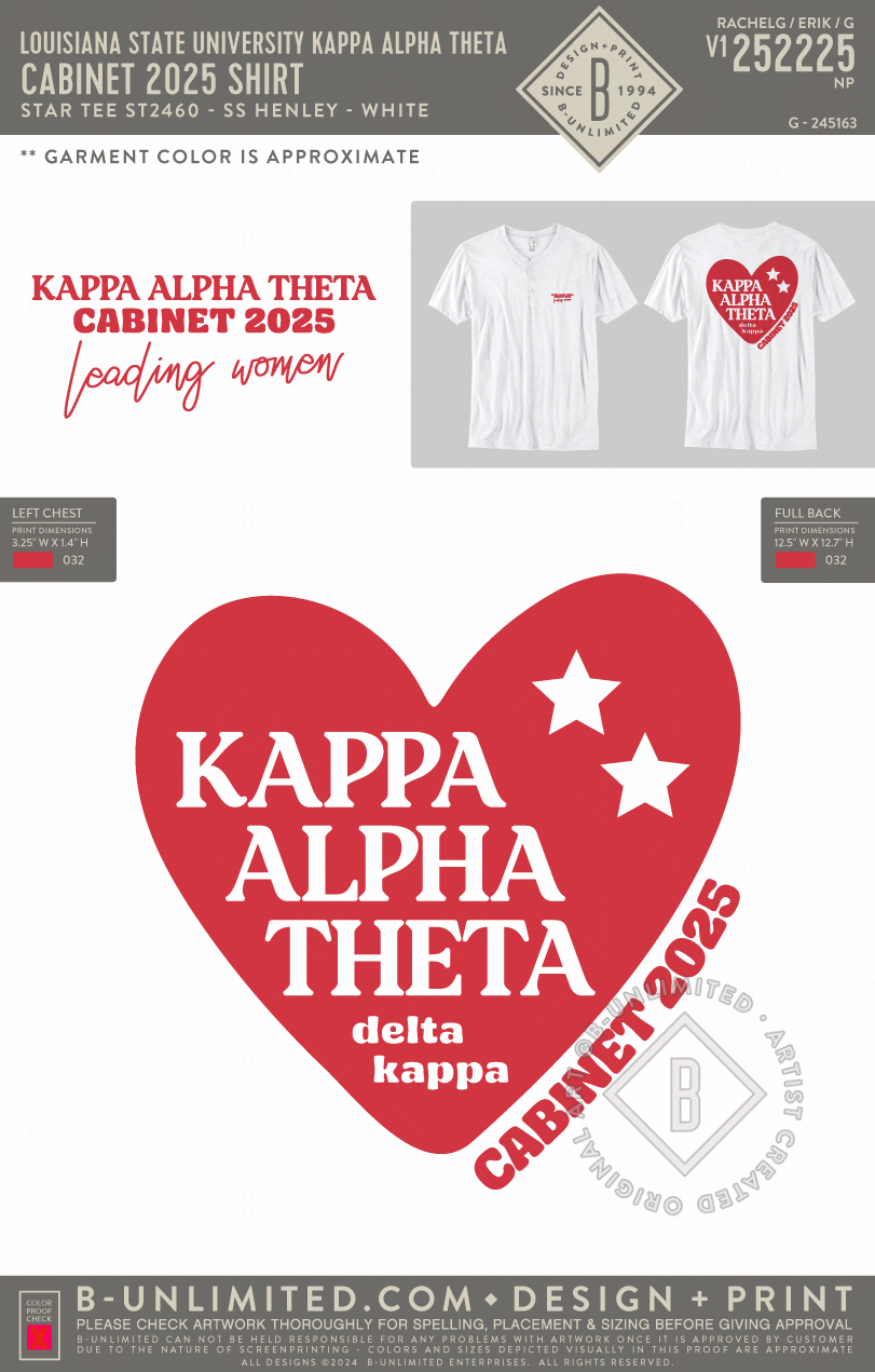 Louisiana State University Kappa Alpha Theta - Cabinet 2025 Shirt - Star Tee - ST2460 - SS Henley - White