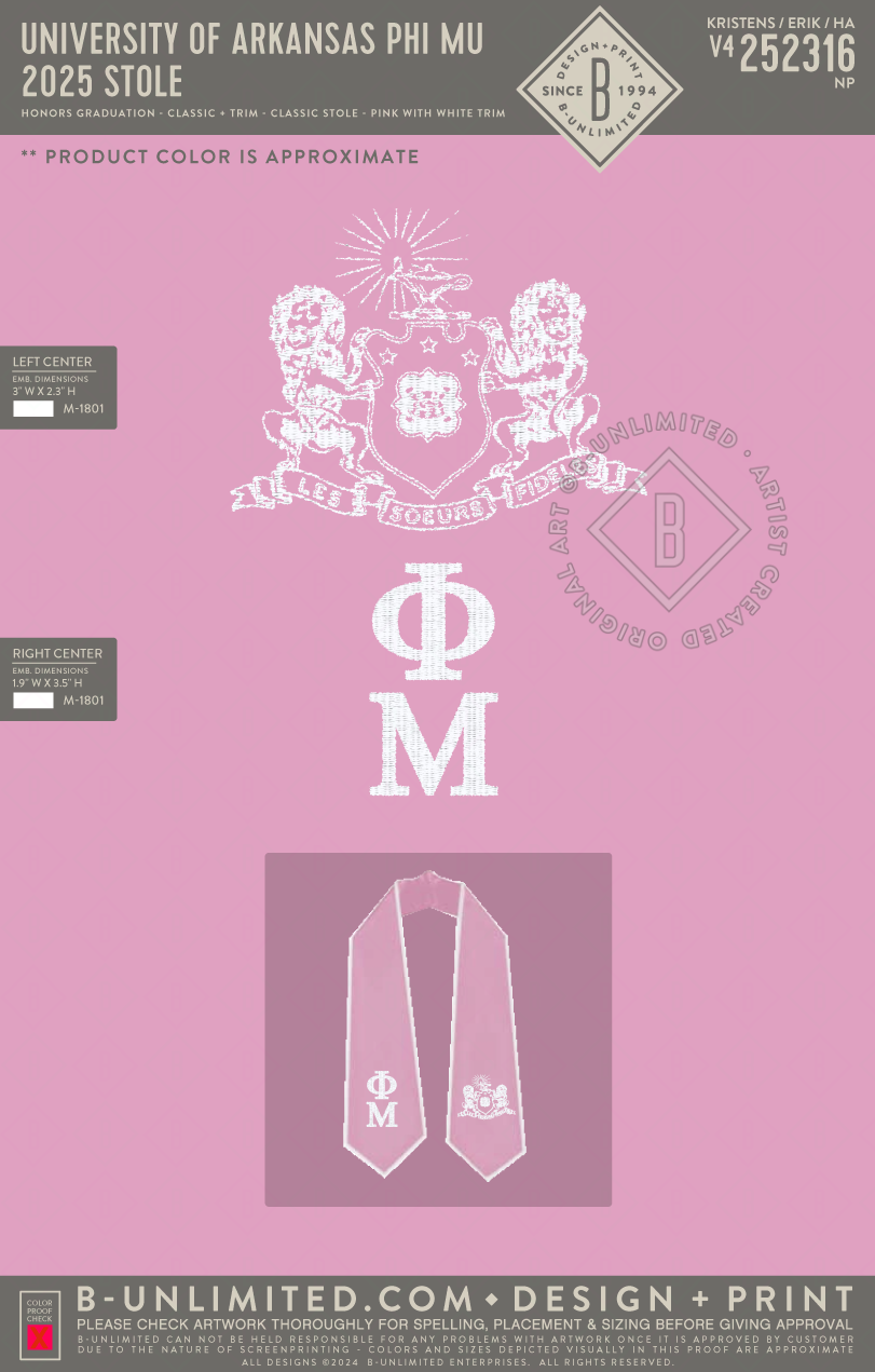 University of Arkansas Phi Mu - 2025 Stole - Honors Graduation - Angled + Trim - Angled Stole - Pink with White Trim