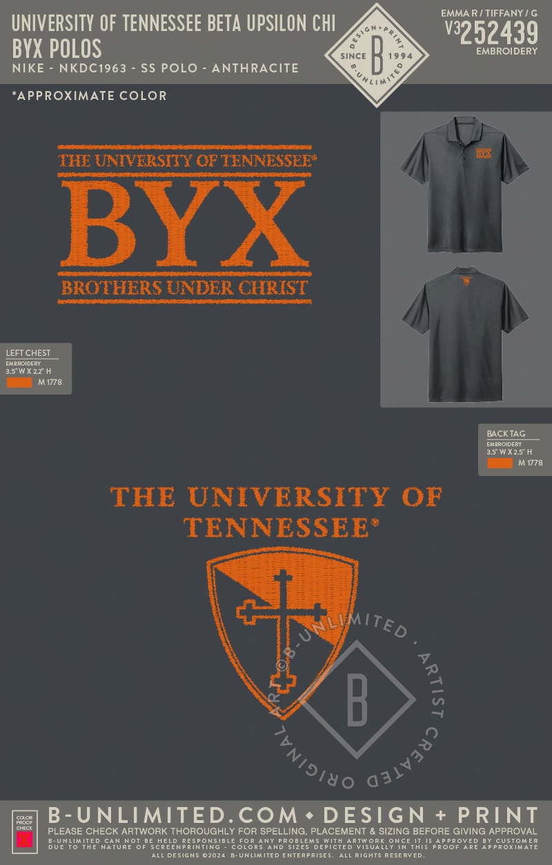 University of Tennessee Beta Upsilon Chi - BYX Polos - Nike - NKDC1963 - SS Polo - Anthracite