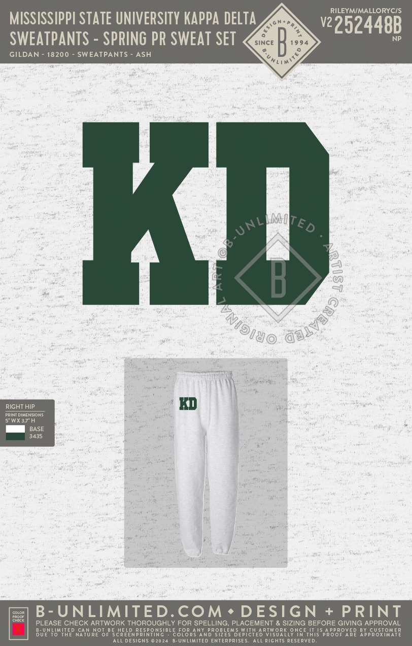 Mississippi State University Kappa Delta - Sweatpants - Spring PR Sweat Set - Gildan - 18200 - Sweatpants - Ash Grey