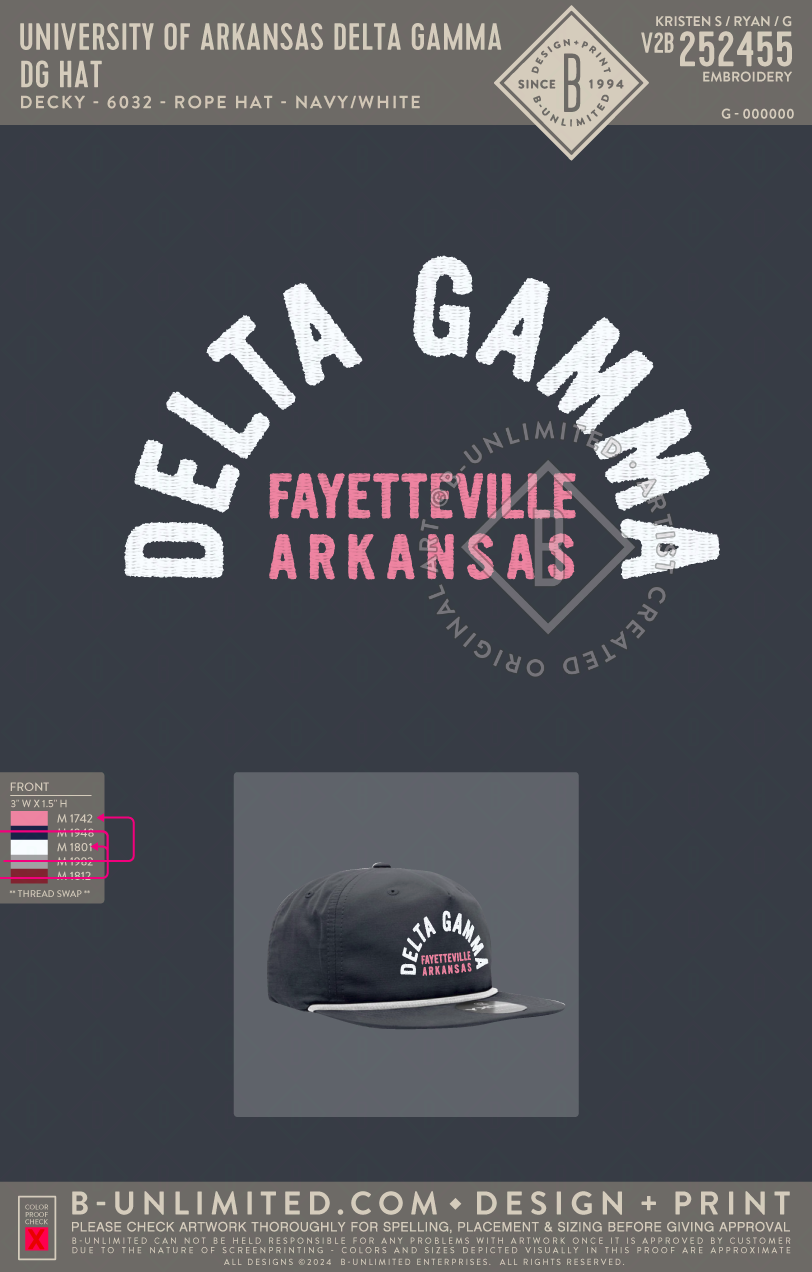 University of Arkansas Delta Gamma - DG Hat - Decky - 6032 - 5 Panel High Profile Cotton/Poly Blend Rope Hat - Navy/White