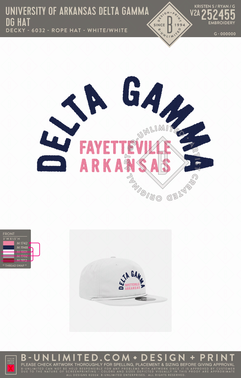 University of Arkansas Delta Gamma - DG Hat - Decky - 6032 - 5 Panel High Profile Cotton/Poly Blend Rope Hat - White