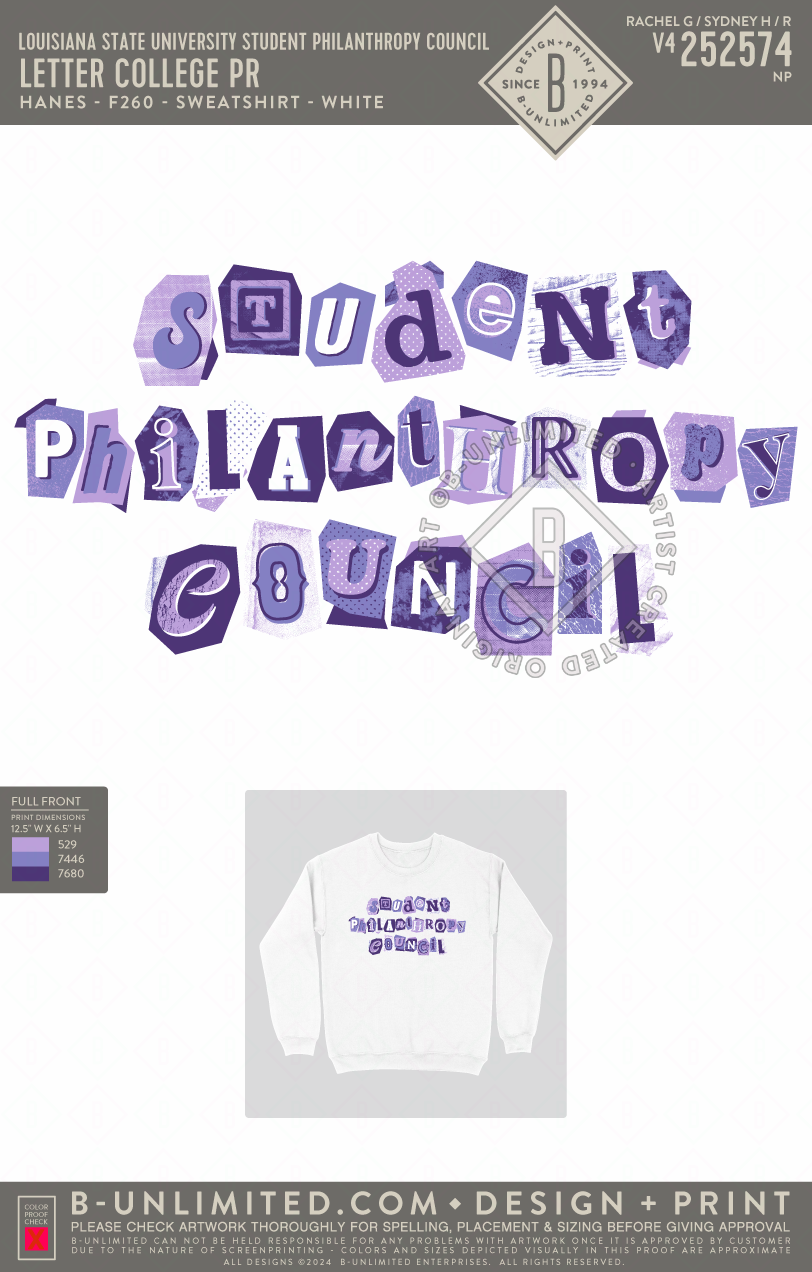 Louisiana State University Student Philanthropy Council - Letter College PR - Hanes - F260 - Sweatshirt - White