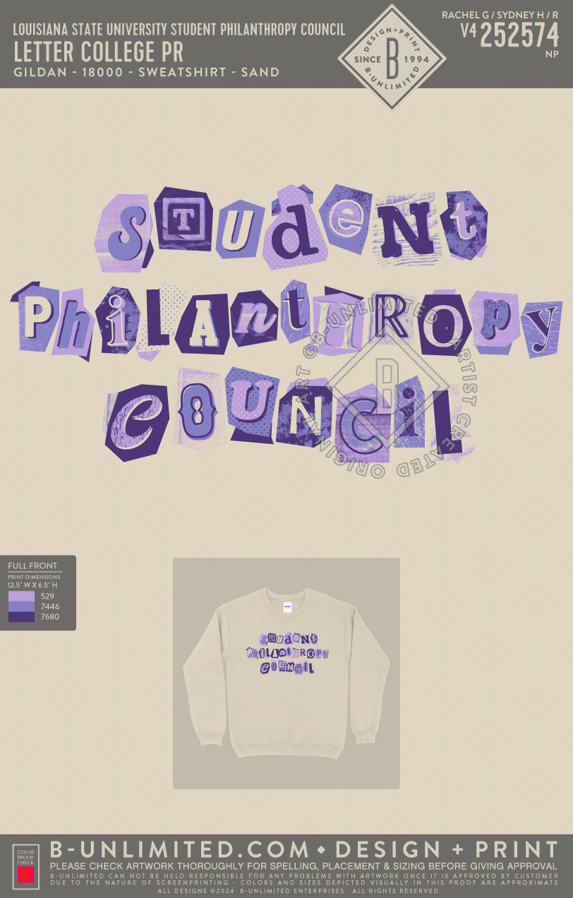 Louisiana State University Student Philanthropy Council - Letter College PR - Gildan - 18000 - Crewneck Sweatshirt - Sand