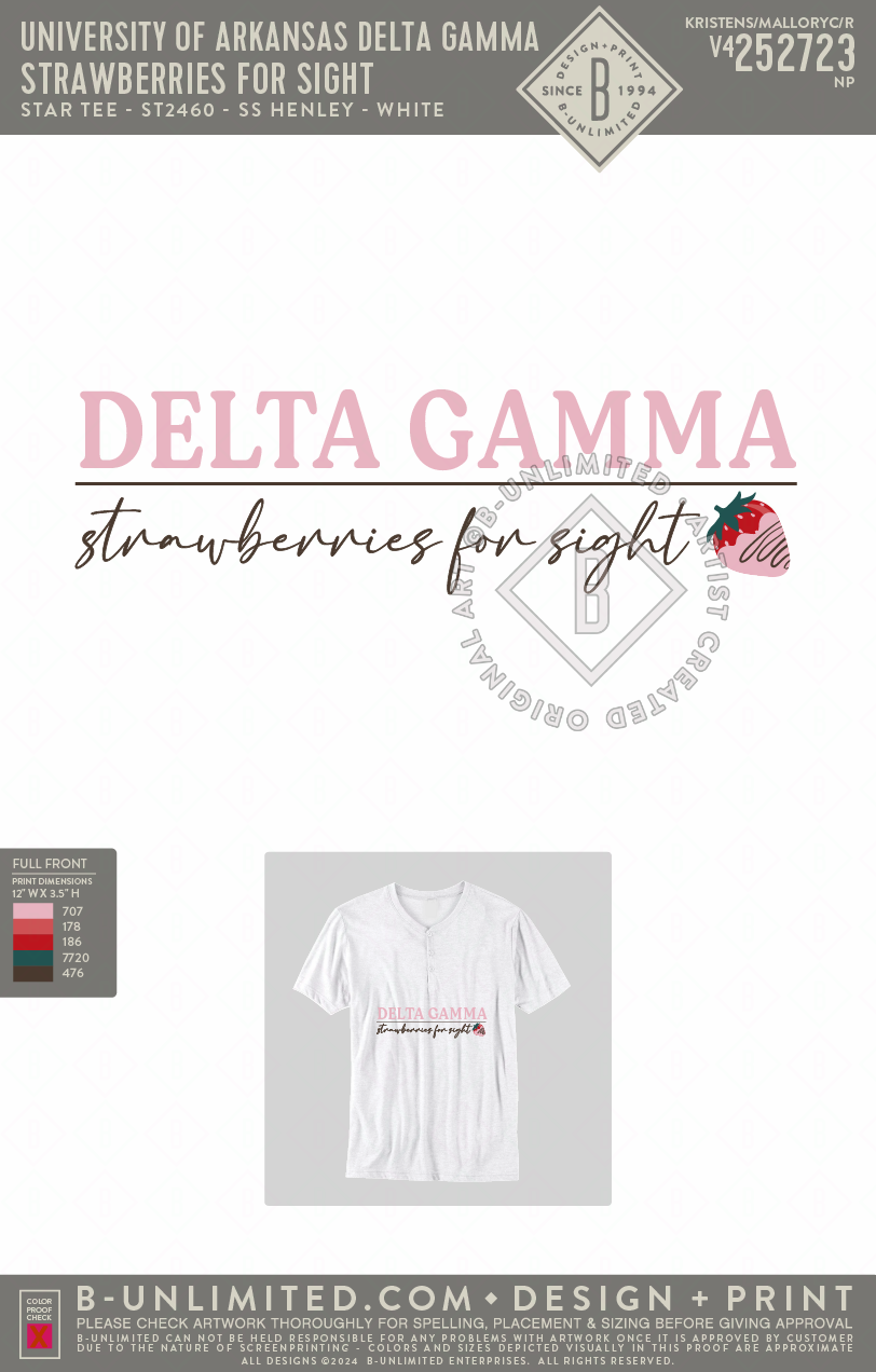 University of Arkansas Delta Gamma - Strawberries for Sight - Star Tee - ST2460 - SS Henley - White