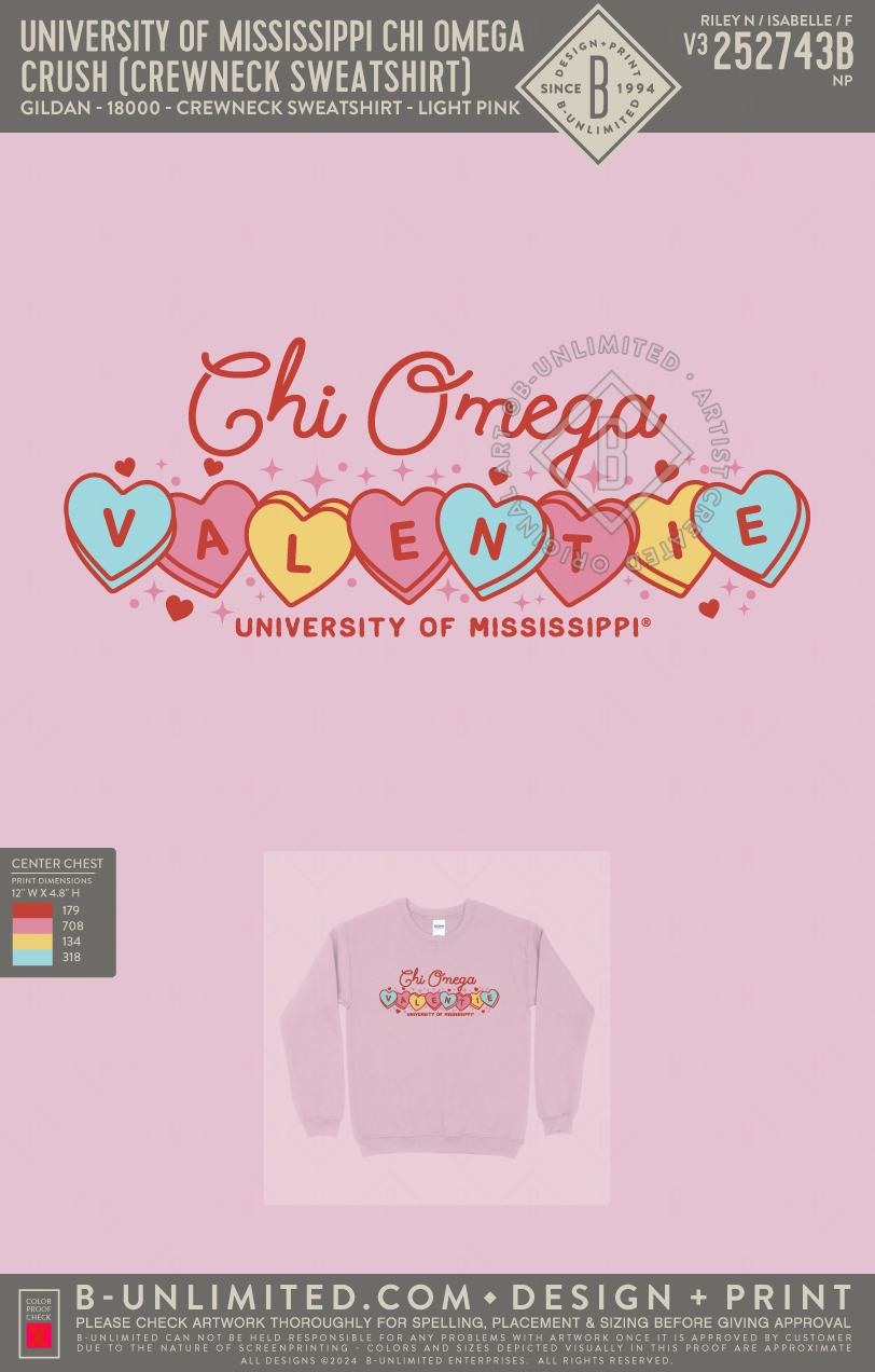 University of Mississippi Chi Omega - Crush (Crewneck Sweatshirt) - Gildan - 18000 - Crewneck Sweatshirt - Light Pink