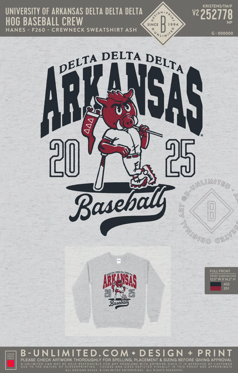 University of Arkansas Delta Delta Delta - Hog Baseball Crew - B-Unlimited BUN101 - Ash