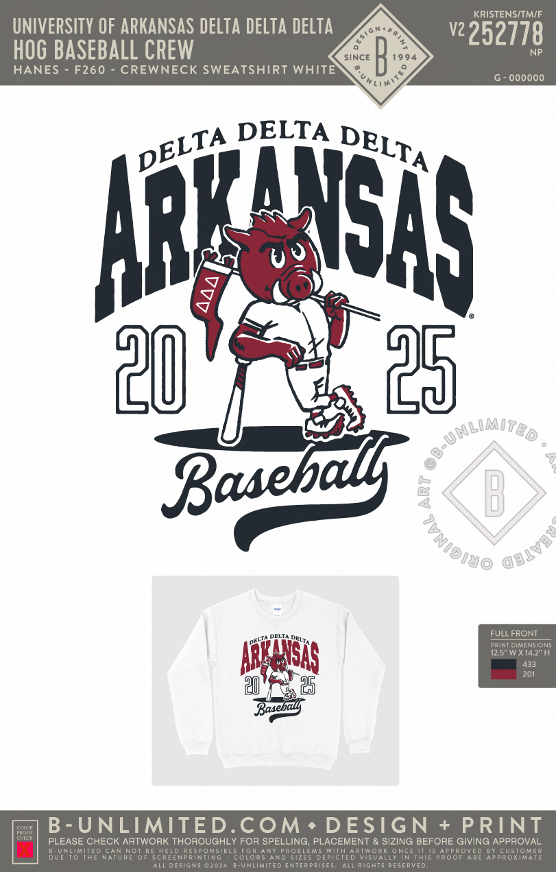 University of Arkansas Delta Delta Delta - Hog Baseball Crew - Hanes - F260 - Sweatshirt - White