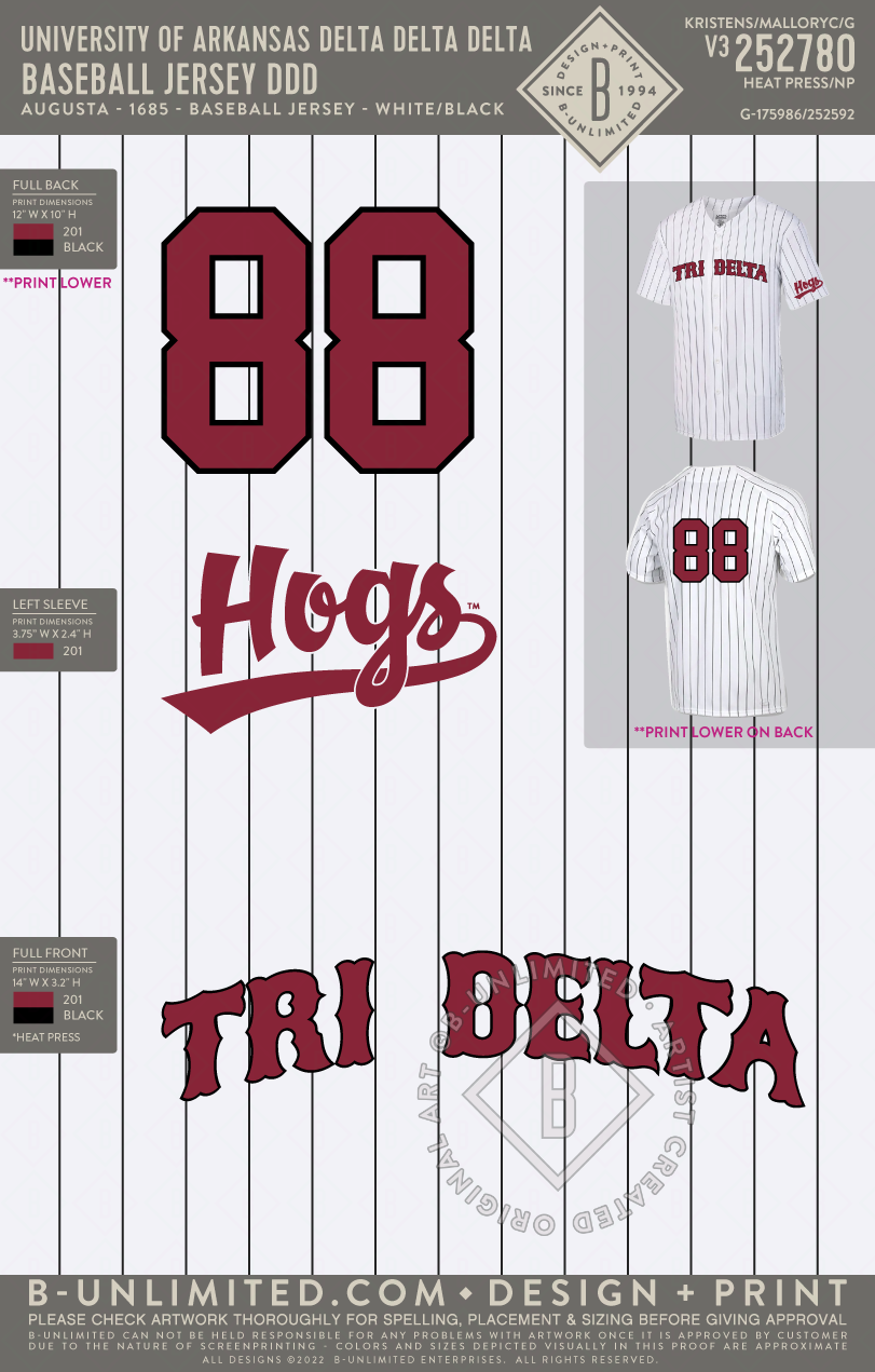 University of Arkansas Delta Delta Delta - Baseball Jersey DDD - Augusta - 1685 - Baseball Jersey - White/Black