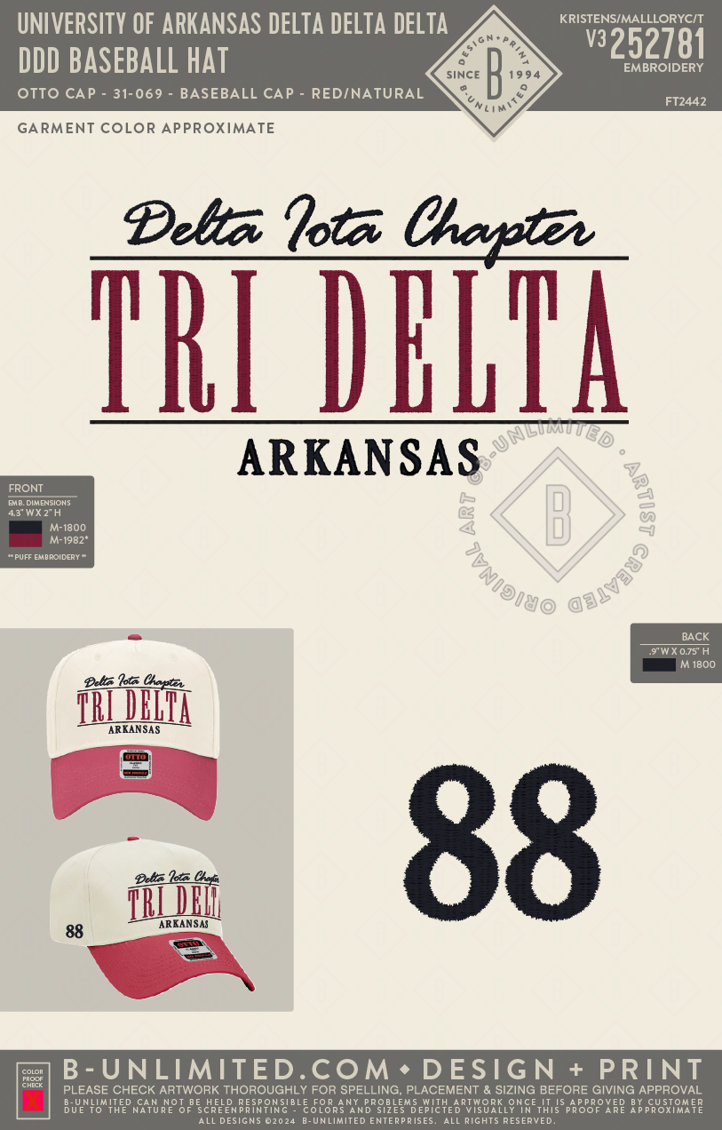 University of Arkansas Delta Delta Delta - DDD Baseball Hat - Otto Cap - 31-069 - Baseball Cap - Red/Natural