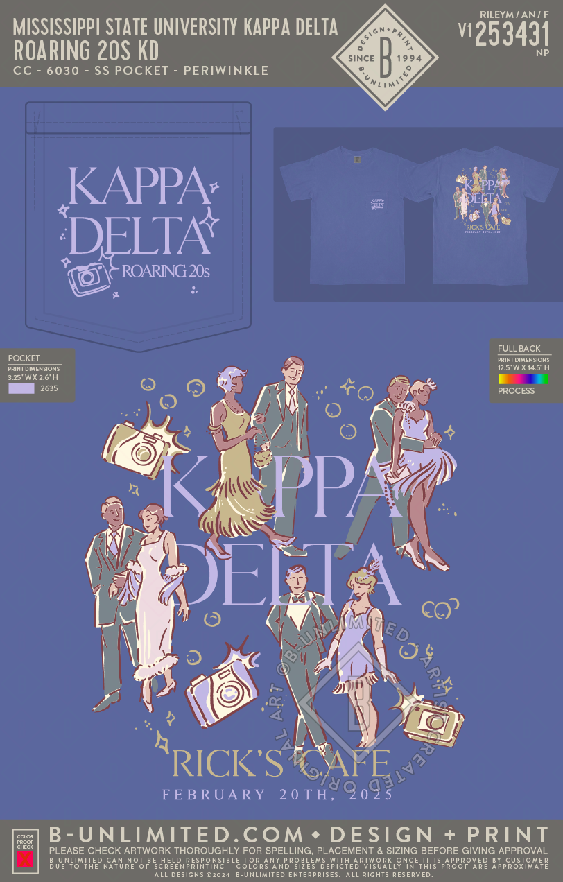 Mississippi State University Kappa Delta - Roaring 20's KD - CC - 6030 - SS Pocket - Periwinkle