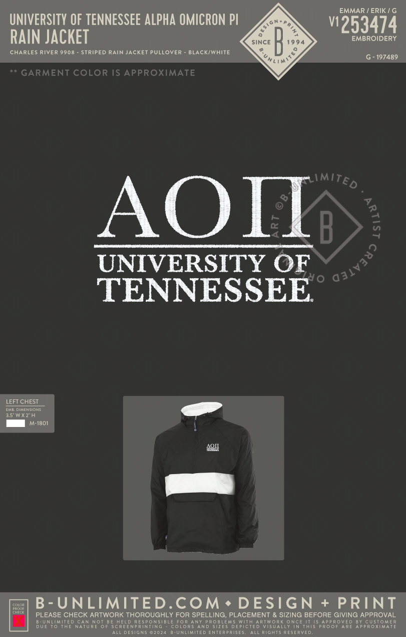 University of Tennessee Alpha Omicron Pi - Rain Jacket - Charles River - 9908 - Striped Rain Jacket Pullover - Black/White
