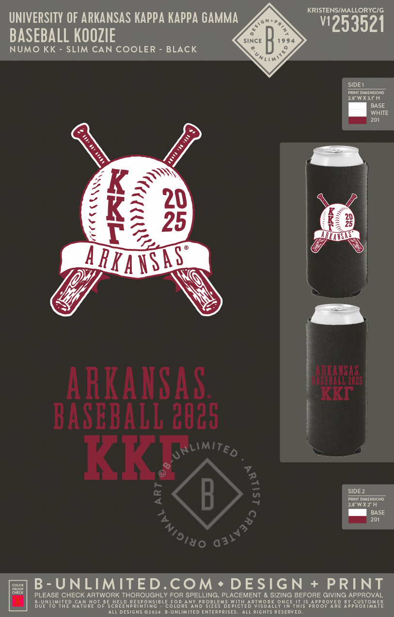 University of Arkansas Kappa Kappa Gamma - Baseball Koozie - tall black - PACK OF 4 - Numo - 1080 - Slim Can Cooler - Black