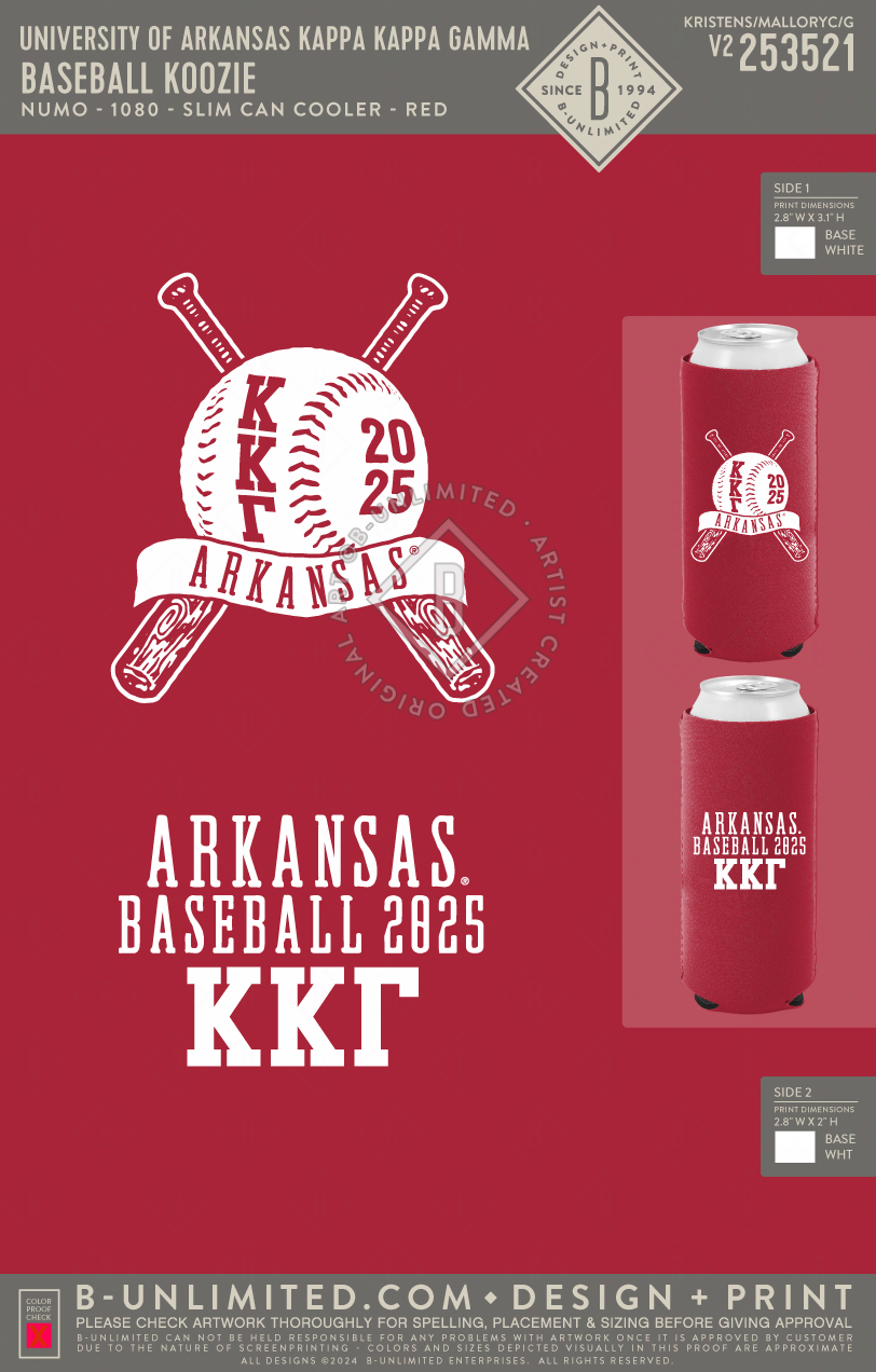 University of Arkansas Kappa Kappa Gamma - Baseball Koozie - PACK OF 4 - Numo - 1080 - Slim Can Cooler - Red