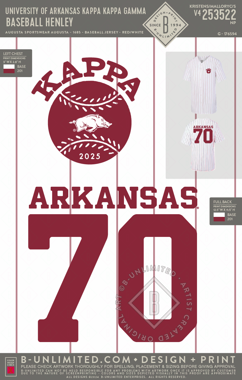 University of Arkansas Kappa Kappa Gamma - Baseball Jersey - Augusta - 1685 - Baseball Jersey - White/Red