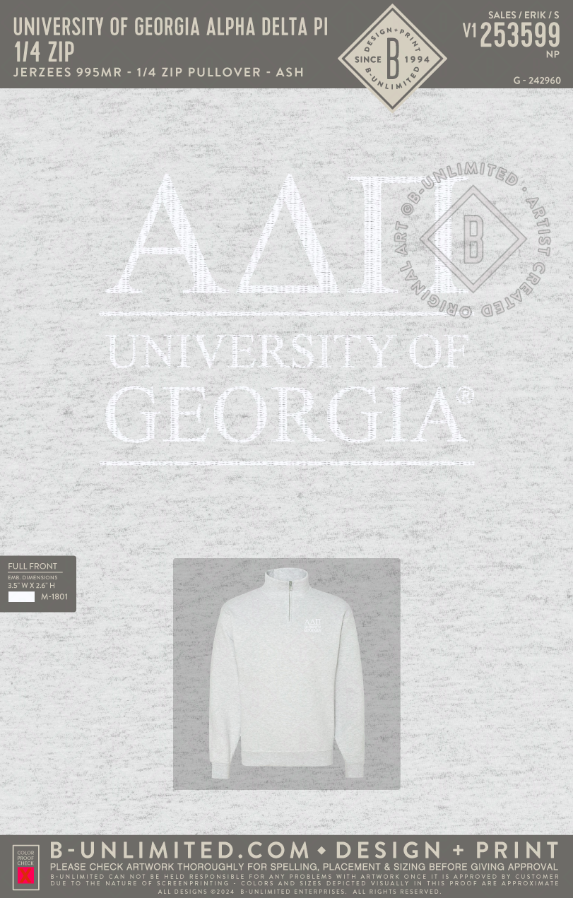 UGA ADPI - 1/4 zip - Jerzees - 995MR - 1/4 Zip Pullover - Ash