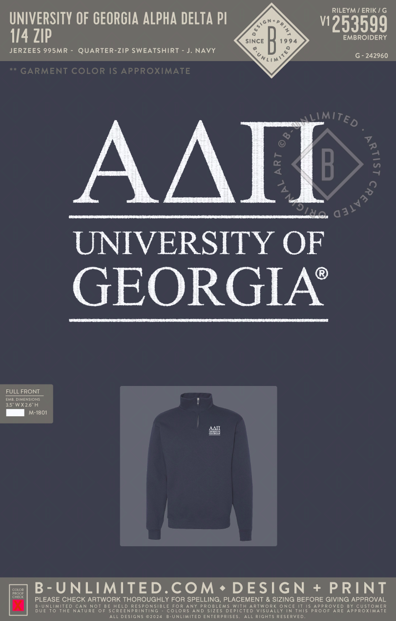 UGA ADPI - 1/4 zip - Jerzees - 995MR - 1/4 Zip Pullover - J. Navy