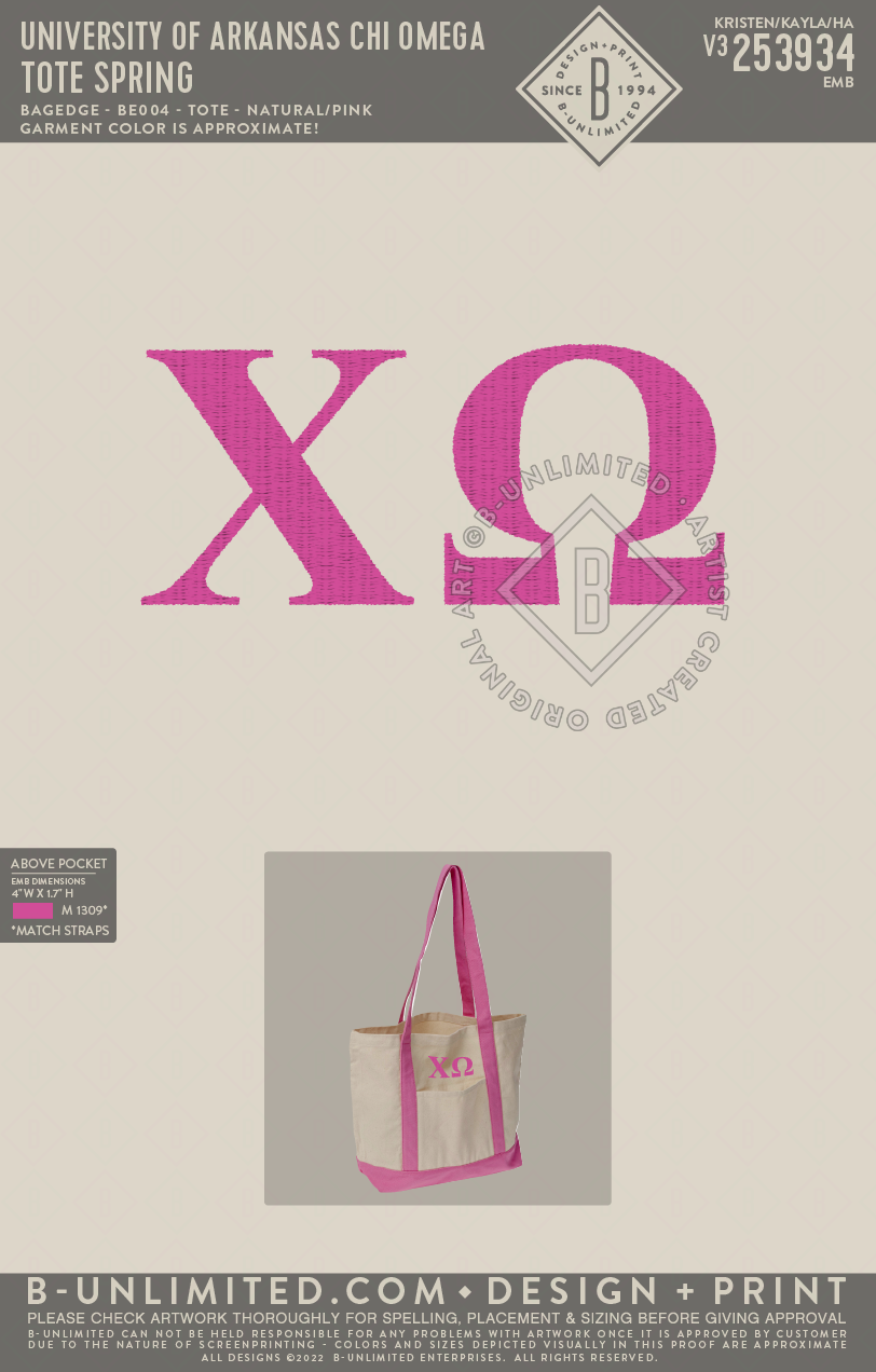 University of Arkansas Chi Omega - Tote Spring - BAGedge - BE004 - Tote Bag - Natural/Pink