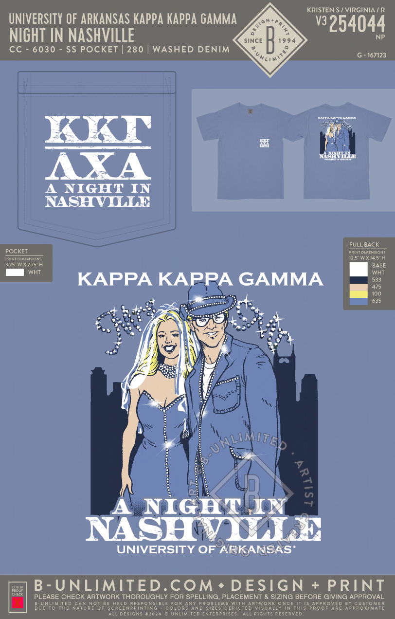 University of Arkansas Kappa Kappa Gamma - Night In Nashville - CC - 6030 - SS Pocket - Washed Denim