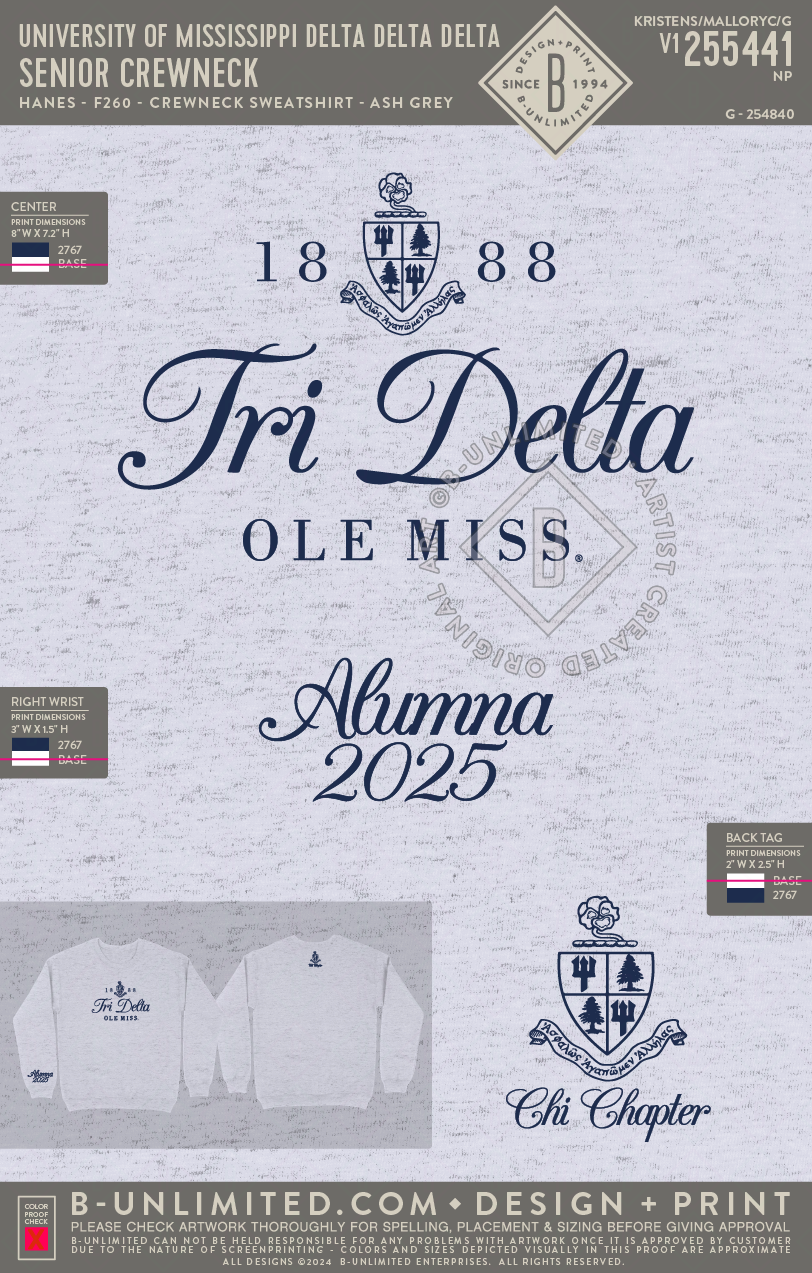 University of Mississippi Delta Delta Delta - Senior Crewneck - Hanes - F260 - Sweatshirt - Ash