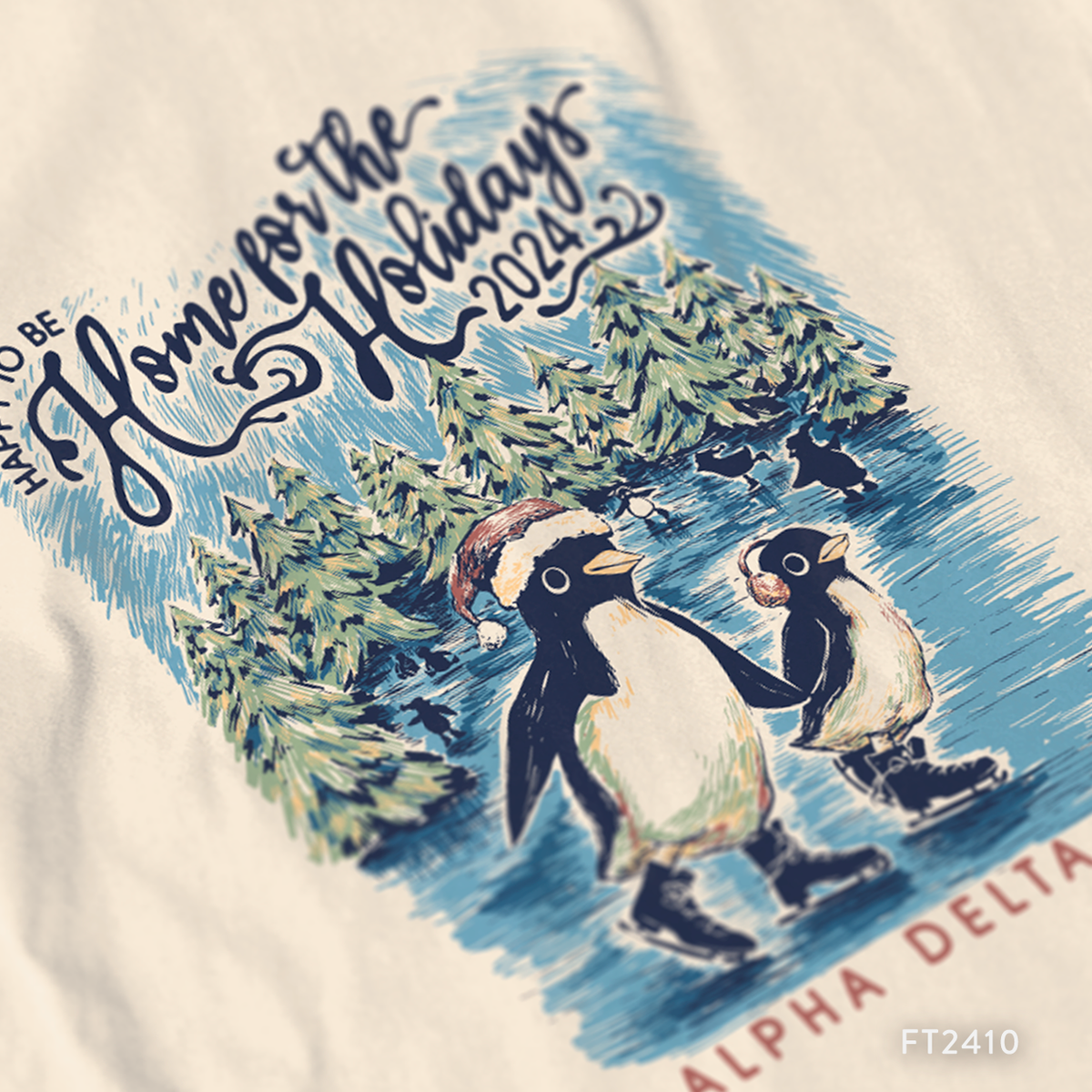 Alpha Delta Pi Ice Skating Penguin Home for the Holidays T-Shirt Design