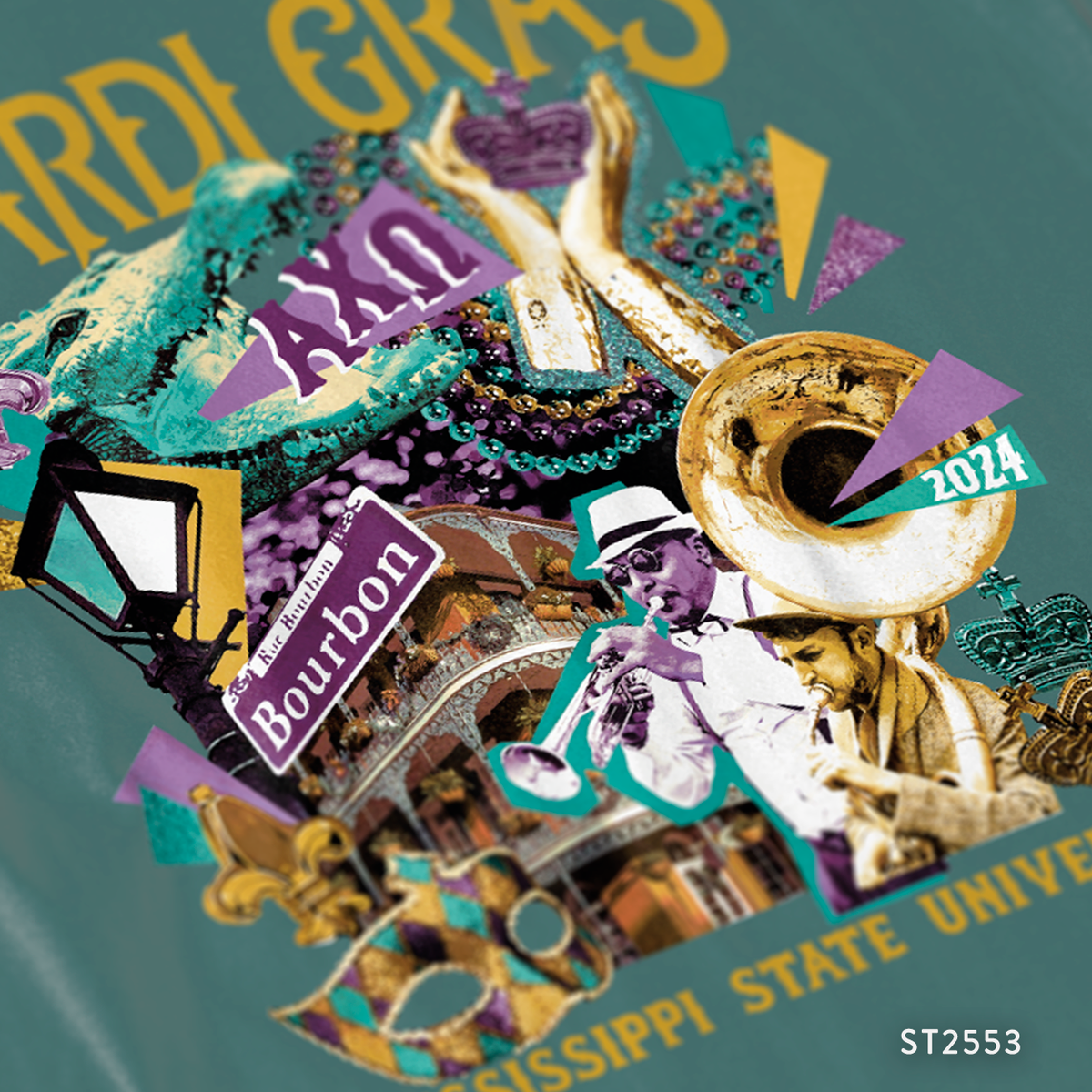 Alpha Chi Omega Collaged Mardi Gras T-Shirt Design